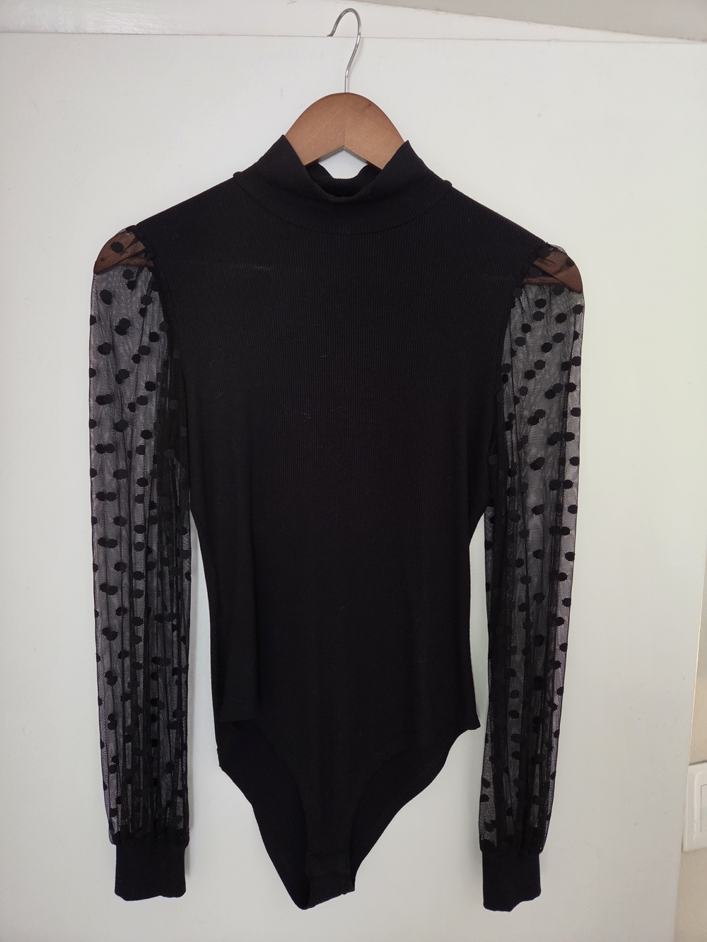 Women’s Black Mock Neck Polka Dot Mesh Sleeve Bodysuit